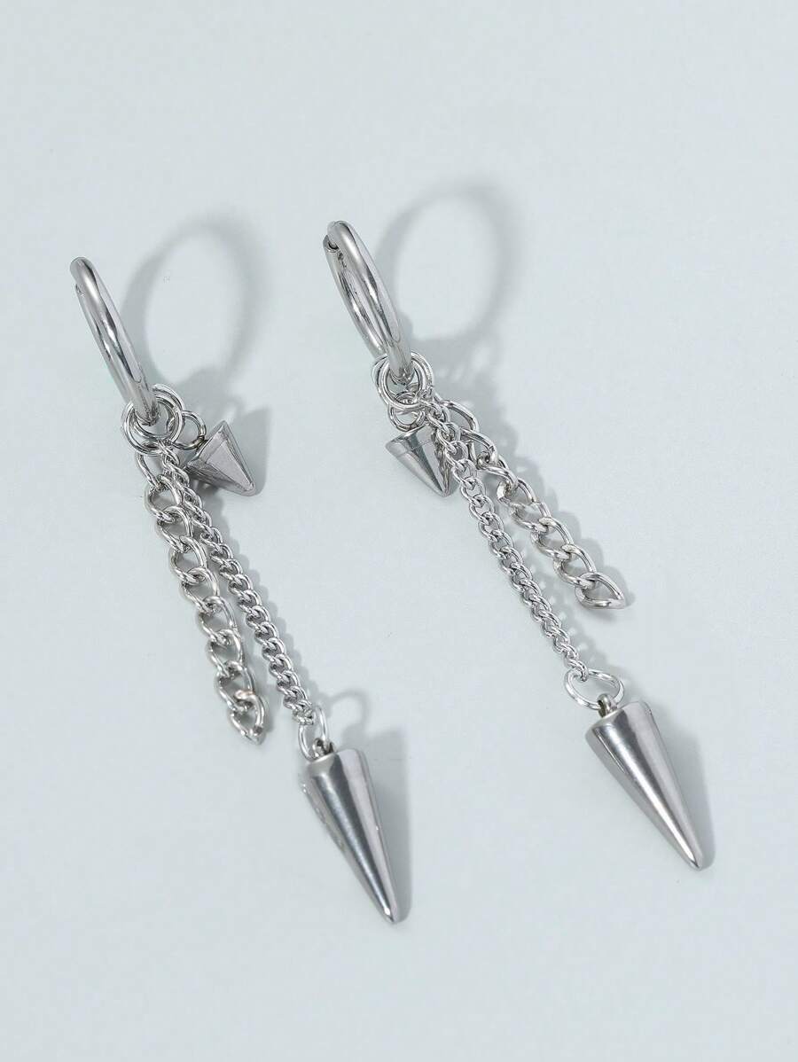 時尚流行1入組男士錐形裝飾耳環，不銹鋼首飾，適合珠寶禮物和時尚外觀 - 銀色 - 查看 1