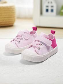 1 Pair Girls Pink Canvas Hook And Loop Strap Casual Flat Shoes, Simple Style Sweet Cute, Comfortable Breathable For Daily Outdoor Activities - Pink - View 7