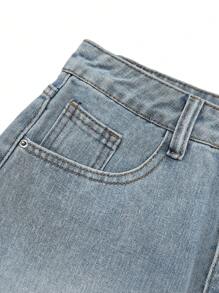 Minifalda ajustada con forma de corazón, cintura alta, línea A, de mezclilla desgastada estilo Y2K - Azul y blanco - Ver 9