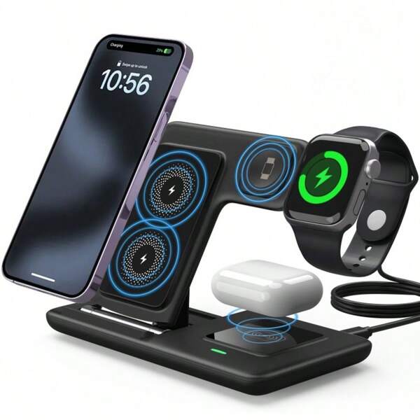 Carregador sem fio dobrável 3 em 1, estação de carregamento sem fio rápida, dock compatível com iPhone 15/14/13/12/11/Pro/Max/Mini/8/Plus/X/XR/XS/X/SE, compatível com Ultra2/Ultra/9/8/7/6/5/4/3/2/1/SE, compatível com 3/2/Pro2/Pro, compatível com iPhone 16, 15, 14, 13, 12, 11, X 8 Pro Max/Pro/Mini/Plus, compatível com , compatível com , adequado para escritório, dormitório e casa