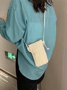 Fashionable Lightweight Mini Woven Straw Texture Lattice Flower Pattern Phone Pouch Wallet Purse Wallet Phone Bag Summer Beach Bag - Khaki - View 8