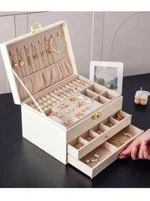 Vintage Jewelry Box With Removable Tray, Mirror And Lock - 3-Tier Storage, Holds Necklaces, Earrings, Watches | Multifunctional Desktop Organizer With Drawers | Ideal Gift For Mother's Day, Christmas, Labor Day | Unfinished Rectangular Design With Key Lock - Multicolor - View 4