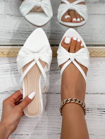 LAUREN WEAL 女士简约舒适白色金线花朵尖头沙滩拖鞋