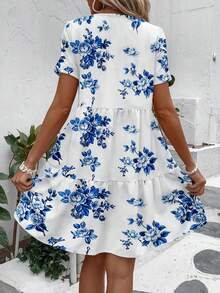 夏季加大女式 V 领花卉印花短袖连衣裙