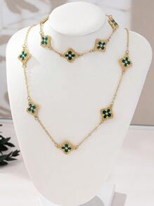 1 Set Summer Luxury Clover Necklace And Bracelet, Vintage Chic Minimalist High-End Jewelry Set Suitable For Women, Daily Wear, Mother's Day Gift, Beach, Vacation - Green - View 4