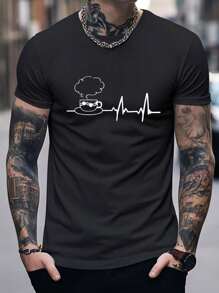 Camiseta Estampado Gráfico " Taza de café Lifeline Heartbeat " - Camiseta Ligera De Cuello Redondo Para Hombre Con Estampado, Top Casual De Verano En Negro, Diseño Gráfico Blanco, Tejido De Poliéster Cómodo Para Atuendo Casual, Ropa De Playa | Cuello Redondo Casual | Camiseta Ligera, Camisa De Playa Tejido Transpirable 220g Algodón Pesado - Negro - Ver 1