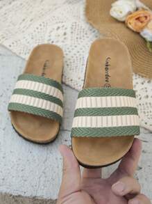 1 paar nieuwe minimalistische casual geweven gestreepte contrasterende kleurdecoratie voor kinderen, antislip zachte kurk platte open teen strandsandalen, geschikt voor de zomer