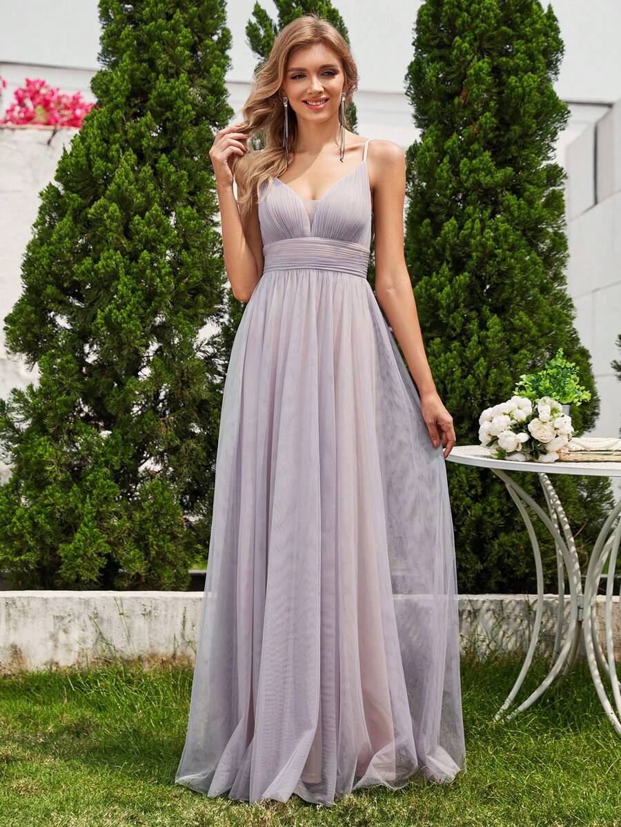 EVERPRETTY Elegant Women's Contrast Color Spaghetti Strap Mesh Bridesmaid Dress