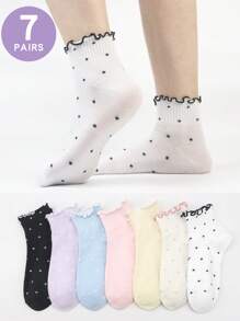 7 双女士休闲袜，卡通波尔卡圆点和荷叶边装饰设计，柔软舒适宽松袜子，适合日常、居家、办公室、学校、运动穿着 - 彩色 - 查看 2