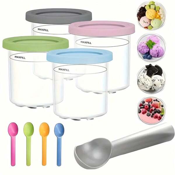 1 Stück / 4 Stücke, Eiscreme Becher, Eiscreme Aufbewahrungsbehälter, Smoothie Becher, Eislöffel, Eiscreme Aufbewahrungsbehälter, Dessert Aufbewahrungsbox, Eiscreme Zubehör