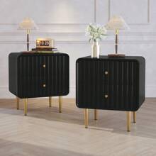 20" Modern Fluted Nightstand Set Of 2, White Wood Bedside Table With 2 Drawers & Gold Metal Handles - 黑色 - 查看 1