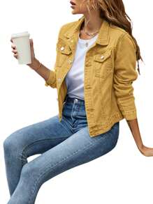 Womens Jeans Coat Solid Color Denim Jacket, Casual Long Sleeve Button Down Pocket Jean Jacket - Yellow - View 3