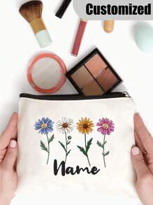 [Custom Made] Polyester Flower Design Cosmetic Bag For Women - Waterproof, Large Capacity,Personalized Name,Unscented, Portable Zip Makeup Pouch, Travel Essential, Gift For Flower Lovers - Exclusive Gift - Beige - View 2