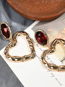 1 Pair Fashionable Hollow Heart Gemstone Alloy Heart Tassel Long Dangle Earrings For Women