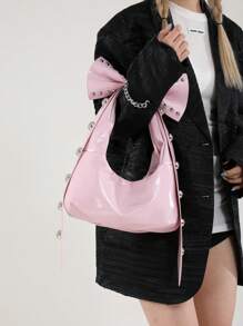 Bolso de mano vintage rosa con personalización de remaches y moño desmontable con forma de media luna de 2 vías, de gran capacidad, tipo bandolera y de hombro, adecuado para primavera/verano, oficina, viajes, casual, compras, citas, regalo para mujeres jóvenes, estudiantes y damas trabajadoras