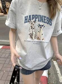 日式女式宽松休闲字母卡通狗印花短袖T恤，百搭春夏季 - 淺灰色 - 查看 3