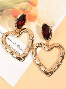 1 Pair Fashionable Hollow Heart Gemstone Alloy Heart Tassel Long Dangle Earrings For Women