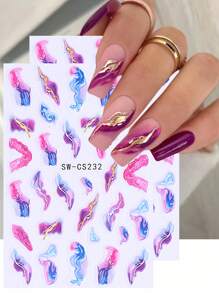 3D Metallic Marble Nail Stickers 2pcs Asymmetric Gradient Bloom Pink Blue Gold Foils Line Design DIY Y2K Self-Adhesive Gel Polish Sliders Nail Art Decoration Nail Supplies