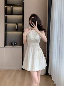 RUIWY Chiffon Apricot Color Waisted Slimming Comfortable Breathable Elegant Fashion Lady Dress, Sleeveless Short Design With Big Bow Back, Suitable For Spring And Summer