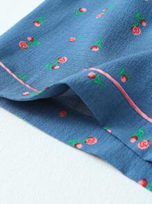 2 件套女士花卉印花翻领单排扣短袖上衣带口袋和蝴蝶结短裤睡衣套装，居家穿着舒适，春夏季 - 藍色 - 查看 7