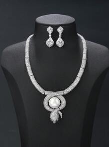 1 套 3 件奢华珠宝风格铜镶嵌方晶锆石蛇形项链耳环套装，搭配时尚晚礼服，彰显个性珠宝 - 豪華套裝 - 查看 14