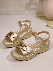 女士时尚亮片装饰搭扣凉鞋，露趾坡跟，舒适休闲，金色，夏季新款，旅行必备 - 金色 - 查看 7