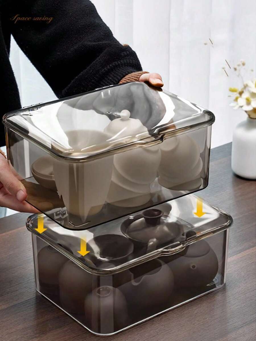 1pc Tea Storage Box With Cover, Transparent Dust-Proof Tea Table Tea Leaves Teacup Organizer, Tea Set Holder