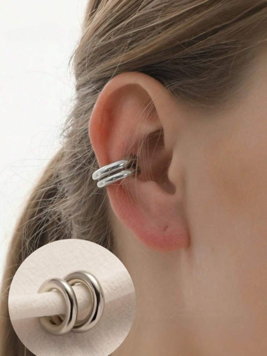 2pcs Minimalist Glossy Alloy C-Shaped Ear Cuffs, Lightweight Gold/Silver/Gun Black Plated Open Double Circle Non-Pierced Earrings, Comfortable And Smooth Earrings For Women And Girls - Silver - View 1