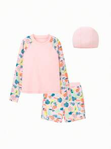 Balabala Tween Girl Tropical Plant Print Raglan Sleeve Top And Shorts Swimsuit Set - Yellow - View 4