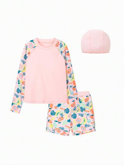 Balabala Bộ đồ bơi tay ngắn raglan in hình cây nhiệt đới cho bé gái tuổi mới lớn