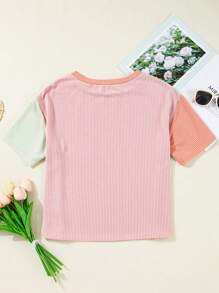 Acelitt Camiseta de verano casual de mujer con cuello redondo, manga corta, en estampado de bloque de color, textura a rayas y diseño de patchwork multicolor