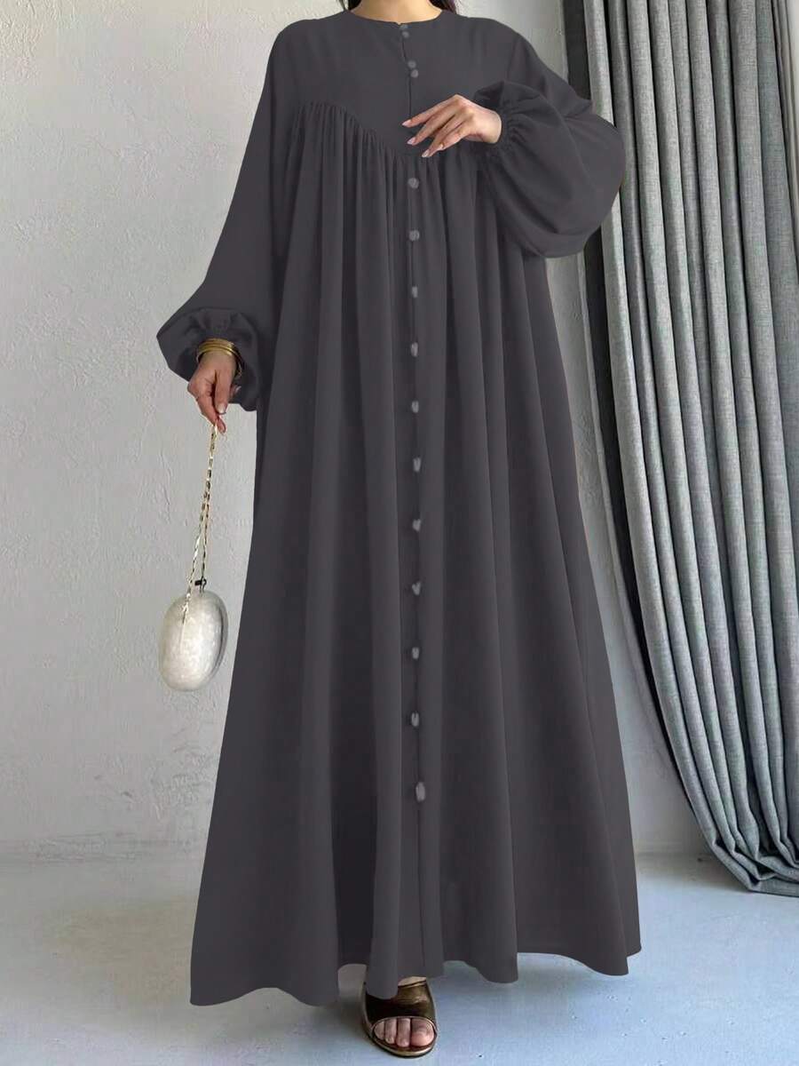 女士优雅仙女风单排扣灯笼袖长裙,阿拉伯风格,春季 - 深灰色 - 查看 1