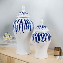 1pc Blue & White Decorative Ceramic Ginger Jar With Lid, Fireplace, Living Room, Study, Dining Table Centerpiece Decor, Modern Home Accent (2 Size Options)