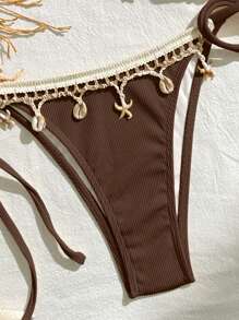 Bộ bikini hai mảnh màu trơn bằng satin với ruy băng và họa tiết vỏ sò dành cho nữ, thích hợp cho kỳ nghỉ hè ở bãi biển. - Cà phê nâu - Xem 4
