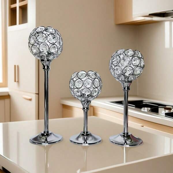 3pcs Elegant Crystal Candle Holders - Multipurpose, Silver Centered Decor, Polished Surface, Suitable For Wedding Decoration, Dining Table Centerpiece And Home Ambiance Gifts Birthday Graduation