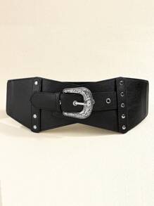 1 件女式黑色 PU 复古压花扣宽腰带，弹性弹性装饰腰带，可搭配外套、连衣裙等 - 黑色 - 查看 3