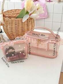 1Pc/Set Pink Ruffle Lace Heart Embroidery Mesh Multi-Functional Cosmetic Organizer Wallet Pouch Portable Cosmetics Brush Storage Clutch With Zipper Closure For Lipstick, Brush, Skincare, Mobile Phone, Coin, Small Items, For Home, Travel, Vacation And School Use