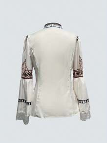 Vintage Western Lace-Up Bell Sleeve Shirt - trắng - Xem 3