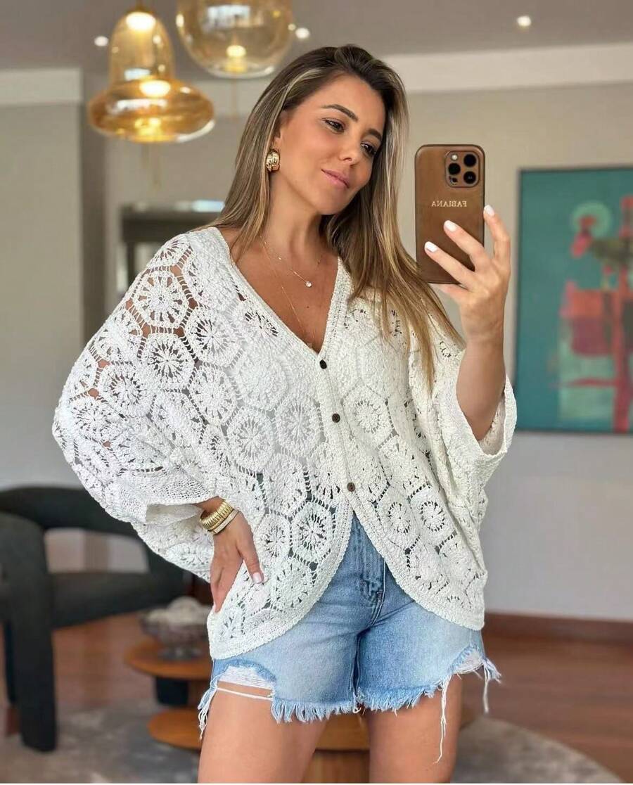 Women's Crochet Kimono For Family Party Beach Outing - 白色 - 查看 1