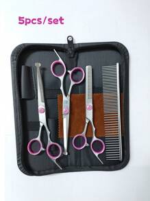 Professional Pet Grooming Scissors Set - Straight Shears, Thinning Shears, Curved Shears, Steel Comb, Suitable For Pet Hair Trimming And Brushing, Pink Grooming Kit