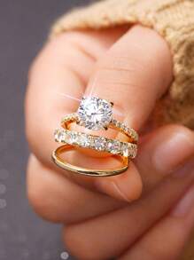 3pcs/Set Women's Engagement Rings - Shiny Gold Color Alloy Zirconia Decorated Rings, Suitable For Daily Wear, Engagement, Wedding Anniversary, Party, Jewelry, Valentine's Day, Birthday Gift - Gold - View 14