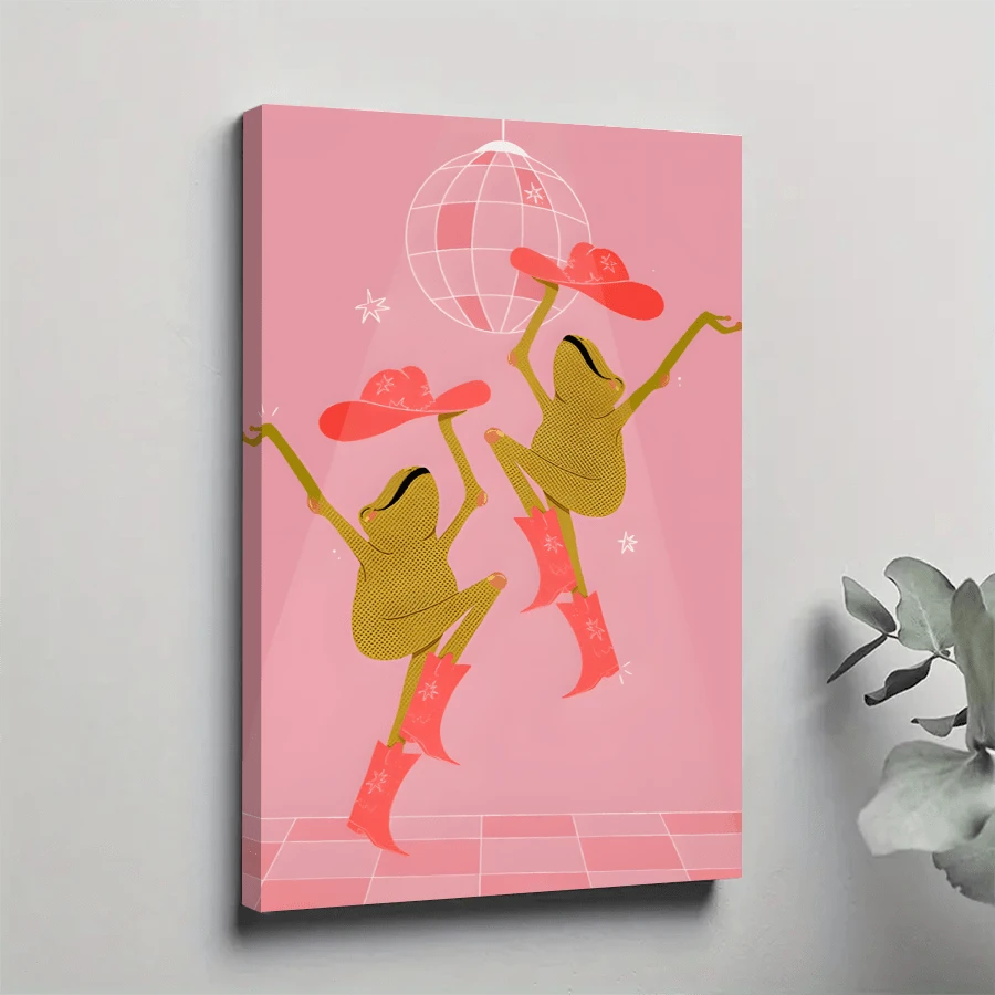1pc Framed Canvas Poster, Pink Frog Wall Art Cute Dancing Makeup Cowgirl Shoes Wall Decor Wall Art Canvas Paintings, Ideal Gift For Bedroom Living Room Corridor Wall Art Room Decoration - 彩色 - 查看 1