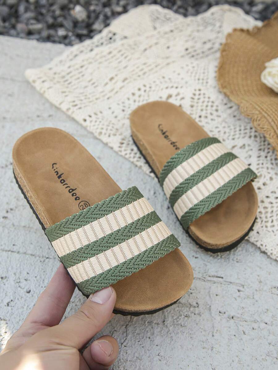 1 paar nieuwe minimalistische casual geweven gestreepte contrasterende kleurdecoratie voor kinderen, antislip zachte kurk platte open teen strandsandalen, geschikt voor de zomer