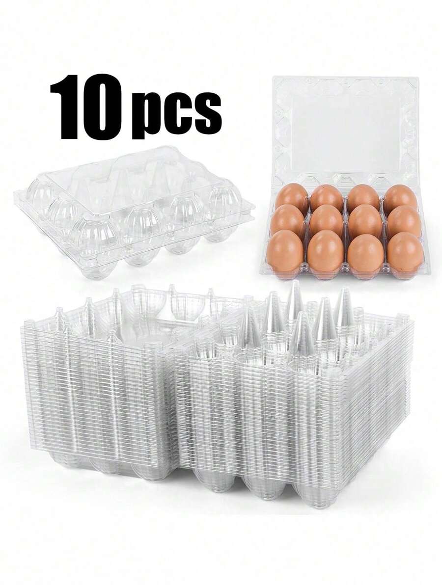 10pcs Clear Plastic Egg Cartons - Sturdy, 12-Cavity, For Home, Farm, Kitchen, Market Display, And Retailers