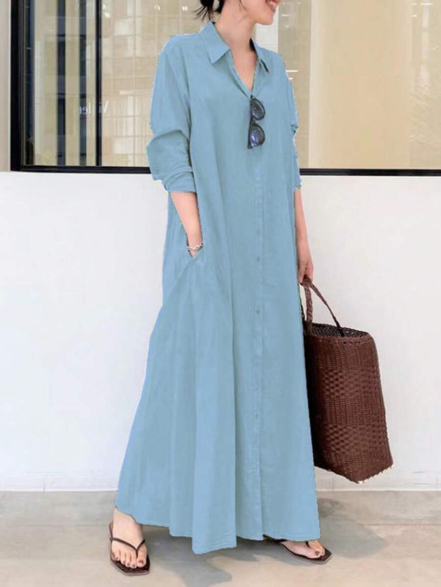 Women's Fashion Solid Color Long Sleeve Shirt Dress