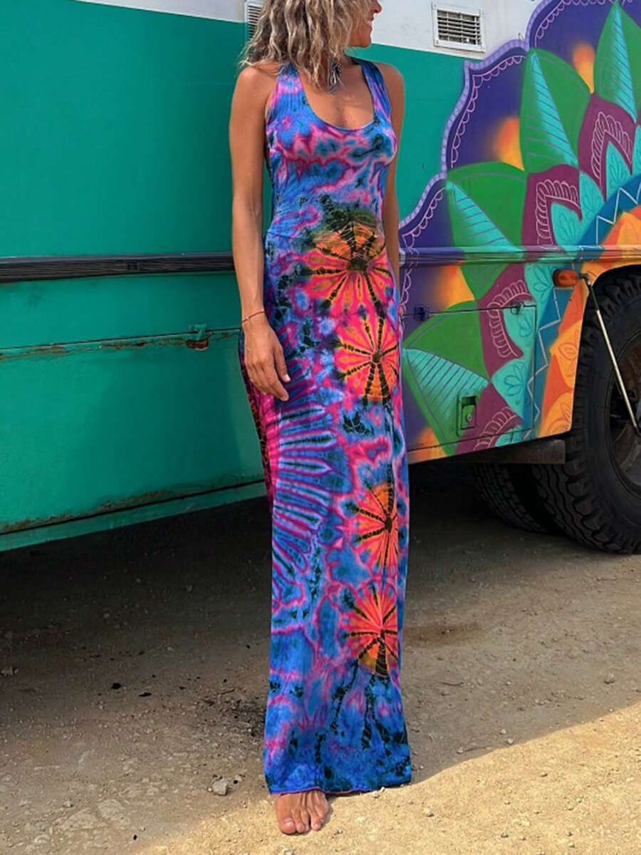 Women Summer Casual Long Dress Tie-Dye Print U-Neck Sleeveless Dress Cross Backless Thin Dress - 藏蓝色 - 查看 1