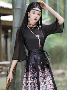 Spring & Summer Elegant Chinese Style Flower Embroidery Hanfu Top Tunic, Halloween