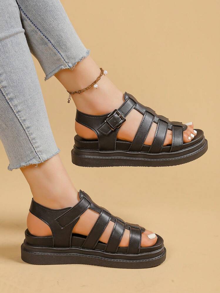 Women's Flat Sandals, New Summer Thick Sole Black Sandals, Roman Style Sandals, Non-Slip Versatile Fashion Casual Beach Sandals - Black - View 5