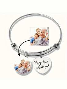 Customized Photo Stainless Steel Bracelet - Simple Style Heart Pendant Bracelet With The Inscription "Always In My Heart", Perfect For Daily And Gift Occasions, Perfect For Mother's Day, Personalized Family Photo Customization. - Silver - View 8
