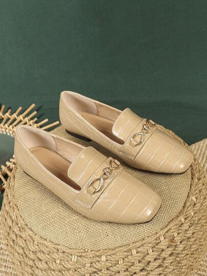 Women's Fashion Versatile Comfortable Round Toe Square Buckle Shoes, Suitable With Dresses, French Chic Flat Soft Bottom Soft Leather Loafers